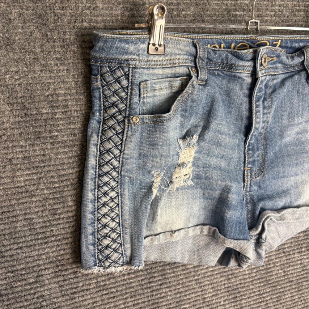 Rue21 Womens High Waisted Braided Side Denim Shorts Medium Wash Distressed 11/12 - Picture 2 of 6